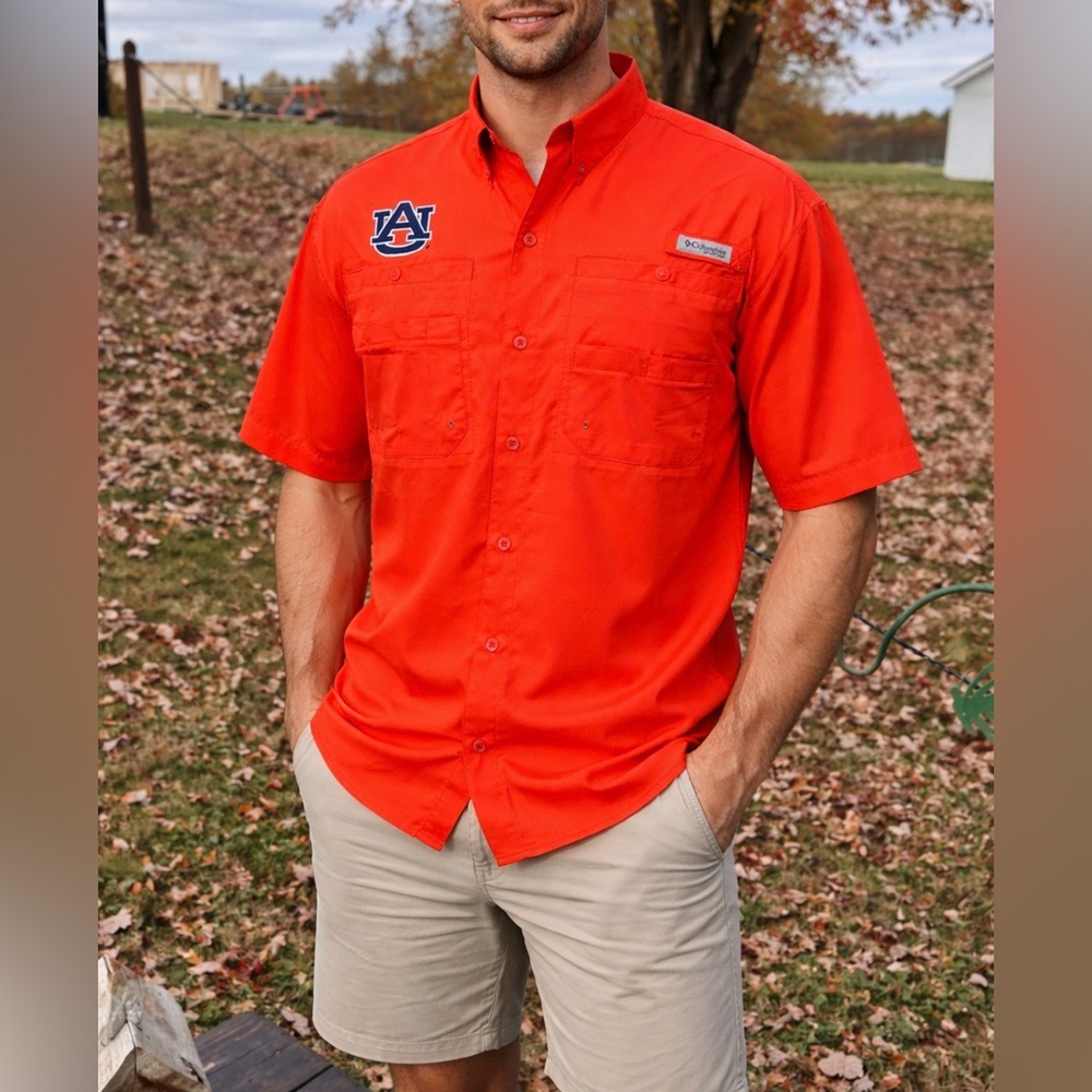 -Auburn University Columbia PFG S/S Button Down Orange Shirt Men's Medium